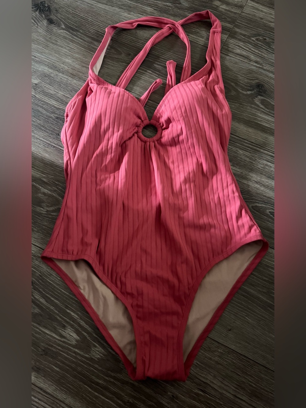NWOT Kona Sol Pink Ribbed One-Piece Swimsuit with Ring Detail